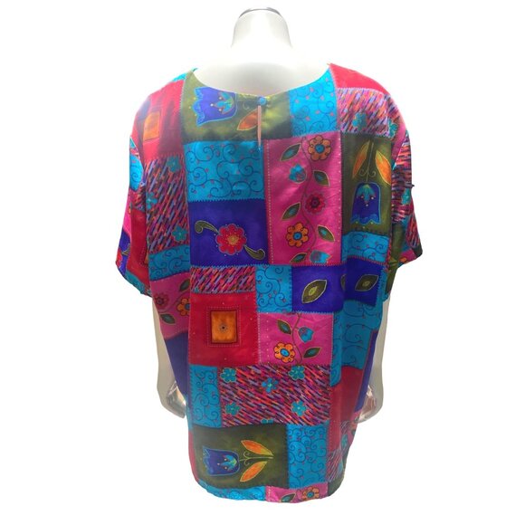 Maggie Sweet Size 2X Colorful Flowers Patchwork Soft Satin Tunic - Picture 2 of 5